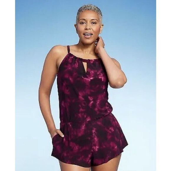 Aqua Green Women Sz M High Neck Swim Romper Pockets Burgundy One Piece Swimsuit - Picture 5 of 5